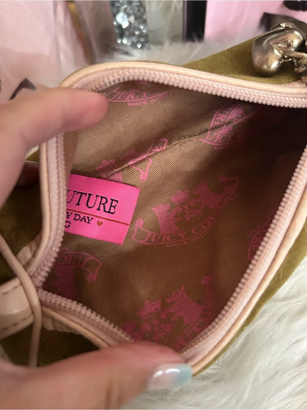 Y2K Vintage 2004 Juicy Couture Olive Green Velour Pink Leather Barrel Bag